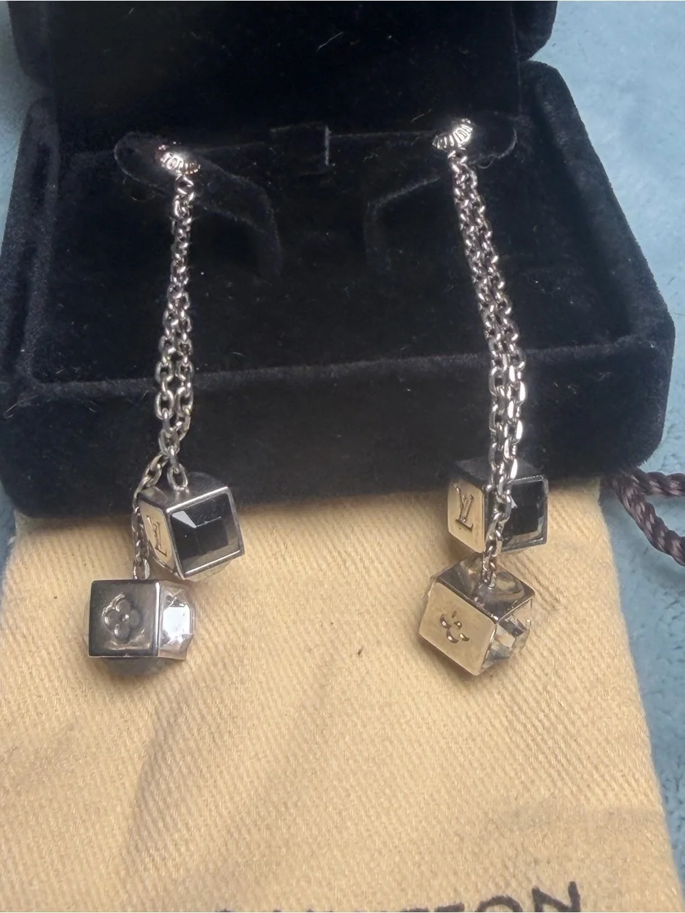 Louis Vuitton Silver Tone Monogram Cube Drop Earrings with Chain